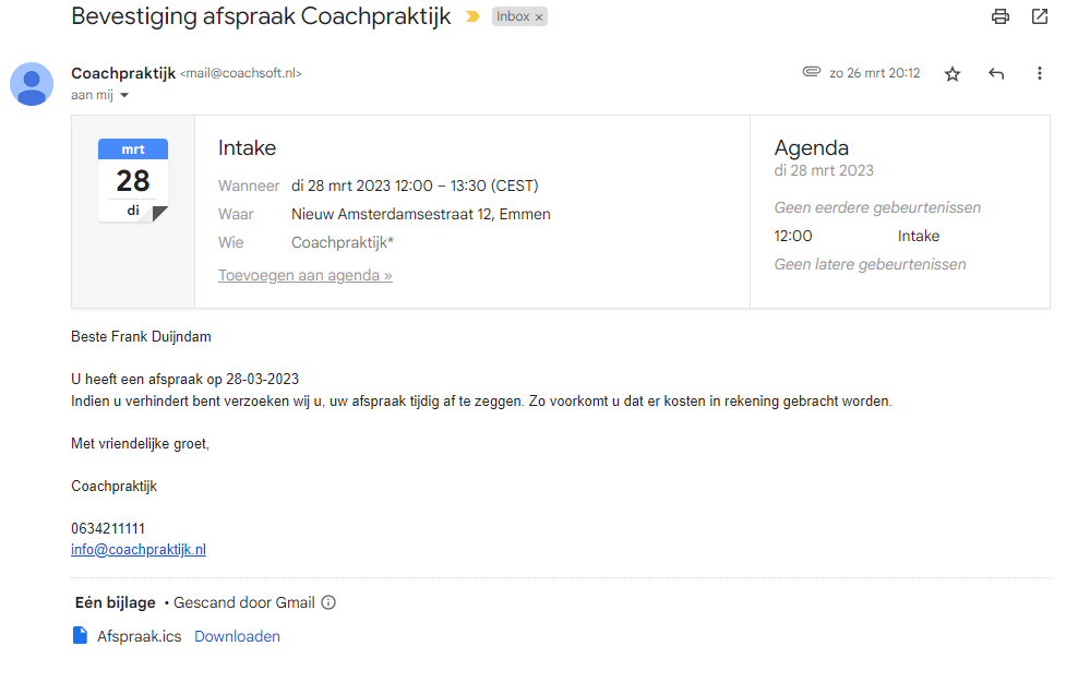 Afspraakbevestiging Agenda